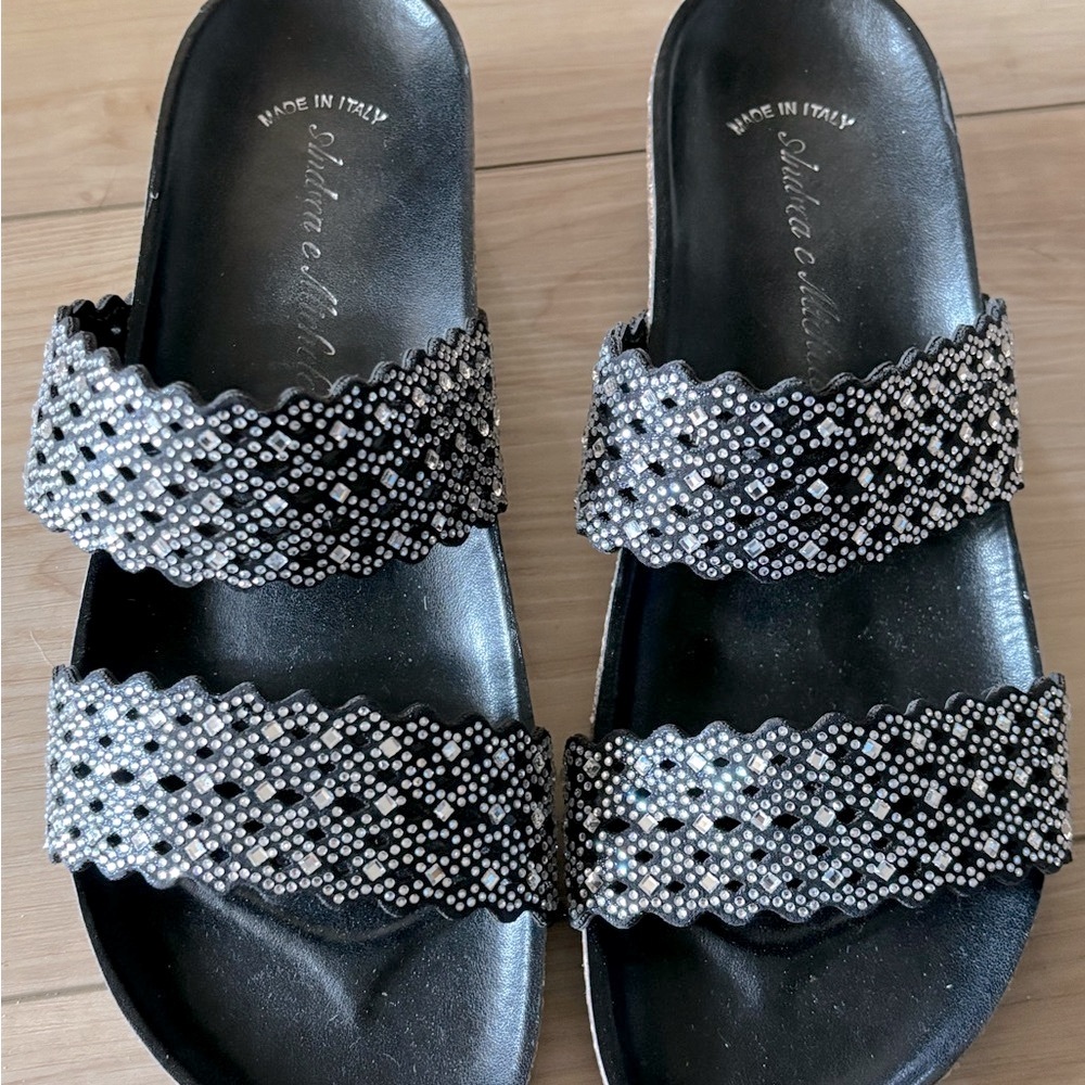 Women's Black Crystal Slide Sandals